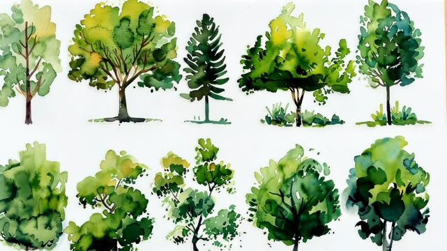 A watercolor painting of different types of trees