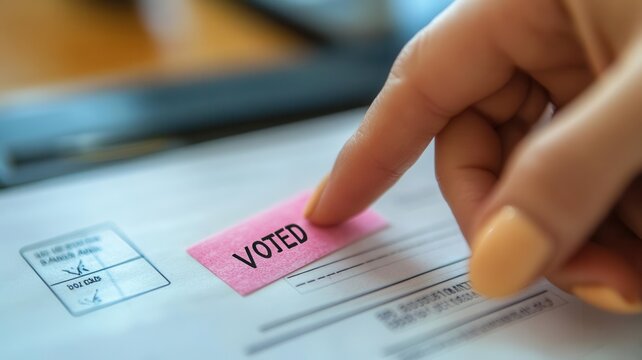 Fingers pressing down a stamp marked Voted on a ballot, official vote, election stamp