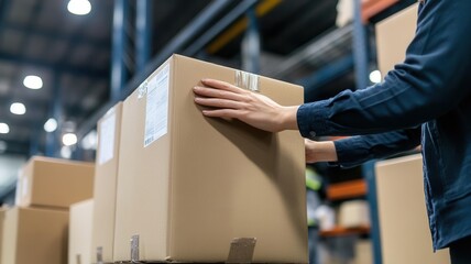 Quality control inspector reviewing product packaging for damage in a warehouse, focus on hands handling the boxes, industrial background