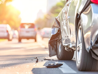 damaged silver car with dents and cracks from accident is parked on roadside, surrounded by other vehicles. sunlight creates warm atmosphere, highlighting scenes emotional impact