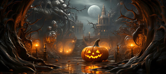 Halloween in sci-fi gothic style, a dark fantasy realm, orange pumpkins, evil creatures, modern surrealistic ambience, futuristic mysterious atmosphere. Unique background for invitation card, banner. 