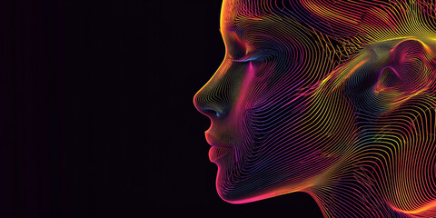 Obraz premium Colorful gradient lines forming the shape of human head on black background, generative AI