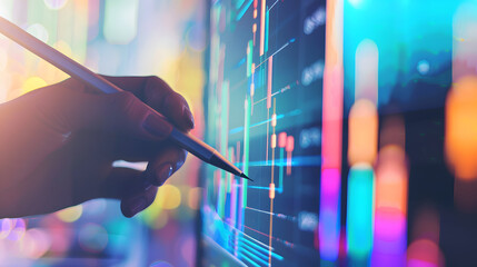 close up view of hand using stylus on computer screen displaying colorful data visualizations. vibrant colors and intricate graphs create engaging atmosphere for data analysis