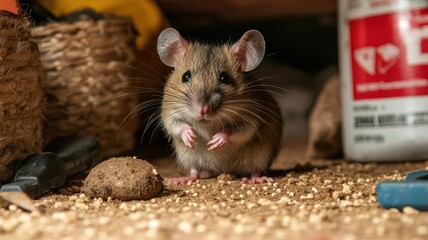 Close-up of rat droppings in an attic space, exterminator tools and traps ready, infestation treatment, rodent control