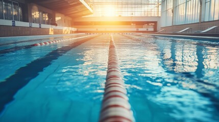 Obraz premium Peaceful indoor swimming pool with morning sunlight streaming through windows, creating a tranquil, inviting atmosphere perfect for relaxation.