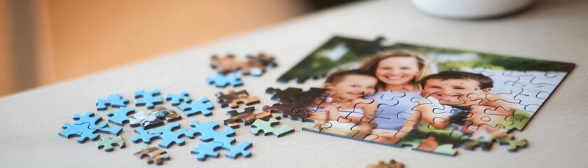 A personalized puzzle featuring a family photo or custom design, with scattered pieces on a table and a partially assembled image