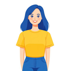 Fototapeta premium A cheerful woman with blue hair in a yellow shirt and blue jeans, set against a clean white background in minimal style.