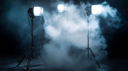 Three studio lights with smoke in a dark room.
