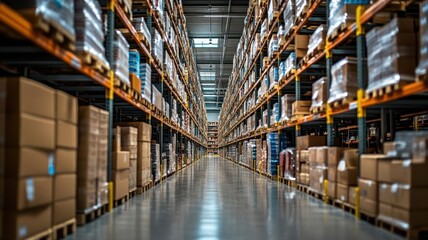 Rows of shelves with products neatly organized in an international warehouse, inventory storage, global warehouse management
