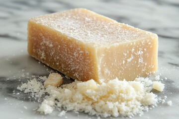 Naklejka premium A Block of Parmesan Cheese with Shredded Pieces on a Marble Countertop