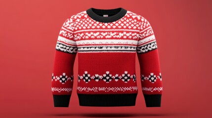 Red and white Christmas sweater with intricate winter patterns on a plain background, perfect for holiday decorations and festive apparel imagery.