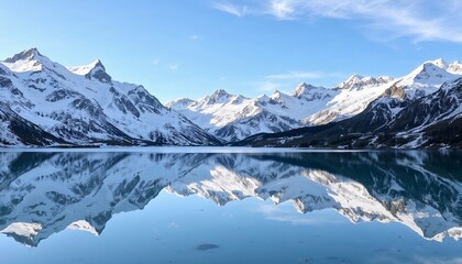 Fototapeta premium Stunning mountain landscape reflected in serene clear lake under blue sky