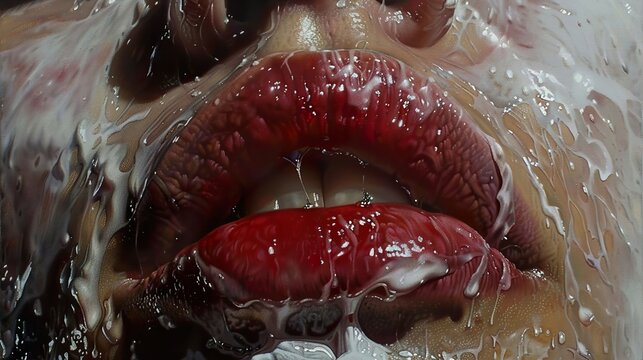 Close-up of Glossy Red Lips Dripping with White Liquid - Hyperrealistic Painting