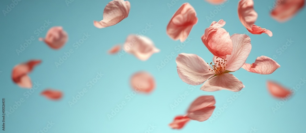 Sticker Pink flower petals falling on a blue background.