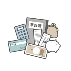 お金と家計簿、電卓、通帳、お財布、レシート、貯金箱のイラスト