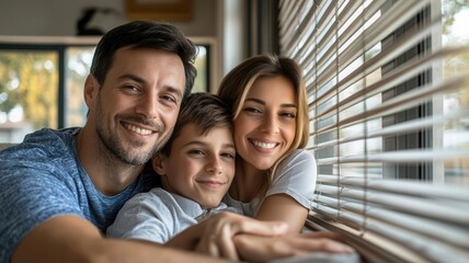 Obraz premium Family using energy-efficient blinds to block heat during the day, conserve energy, home cooling efficiency