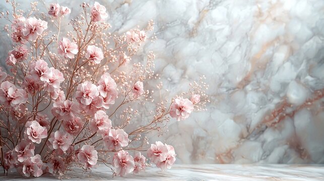 A minimalist white marble backdrop with soft pastel hues and subtle gold veins weaving throughout