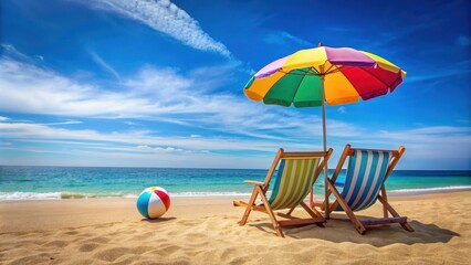 Beach chairs and umbrellas on the sandy beach with a colorful beach ball, summertime relaxation scene, beach, chairs