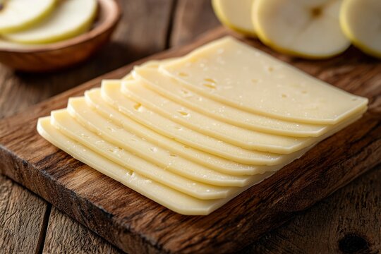 Sliced Emmental Cheese on Wooden Cutting Board