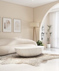 Elegant cream sofa, white marble coffee table on shag rug in sunlight from window arch with sheer curtain on beige wall luxury, modern living room for interior design decoration, product background 3D