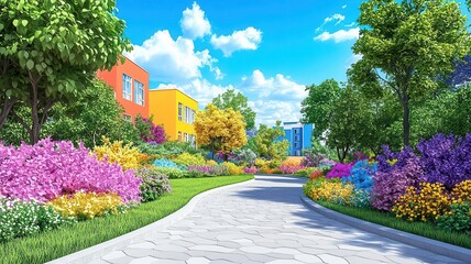 Fototapeta premium Mixed-use park, flat design, side view, urban green space theme, 3D render, triadic color scheme
