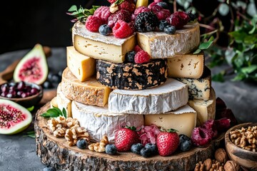 A Stack of Different Cheeses with Berries, Figs, and Walnuts