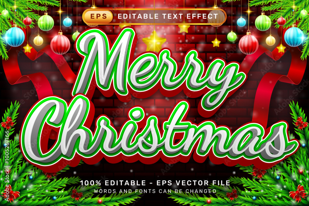 Poster merry christmas 3d text effect and editable text effect with christmas element background