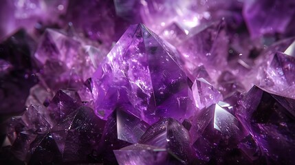 Close-up of a cluster of amethyst crystals, showcasing their vibrant purple hue and intricate geometric shapes.