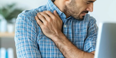 Obraz premium Man experiencing shoulder pain while working at a computer.
