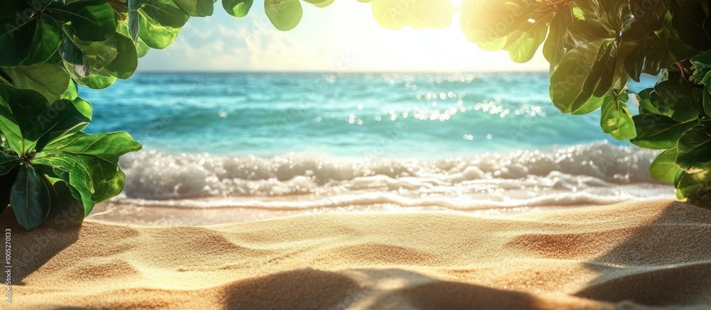 Poster Sandy beach with blue ocean and green leaves in foreground.