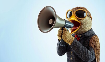 A cartoon bird wearing sunglasses and a sweater, holds a megaphone and shouts against a blue background.