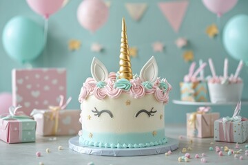 Unicorn-Themed Birthday Cake with Gold Horn and Pastel Decor