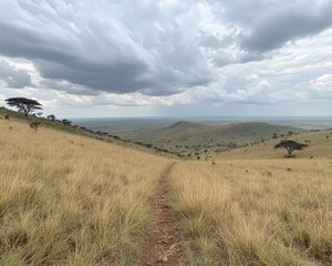 Stunning African Savanna Landscape Under Overcast Sky with Rolling Hills and Lone Trees - Perfect for Nature and Wildlife Enthusiasts