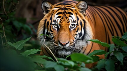 Fototapeta premium Close-up of a tiger in its natural habitat. Wild tiger in the middle of plants staring at the camera. backgrounds of amazing animals in their natural habitat