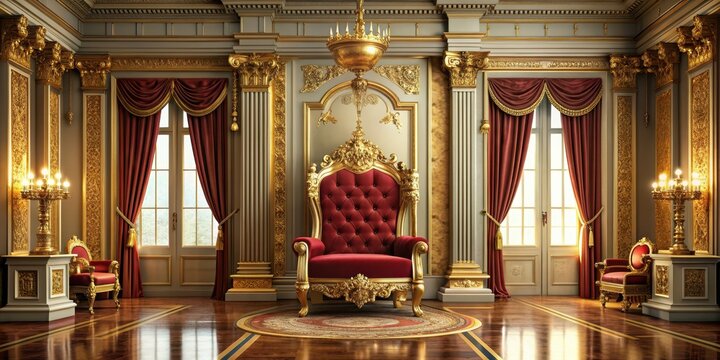 Majestic throne in the center of a grand room , throne, power, importance, royalty, leadership, ornate, luxury