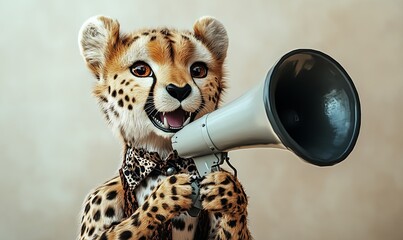 Fototapeta premium A cheetah wearing a bow tie holds a megaphone and looks directly at the camera with a joyful expression.