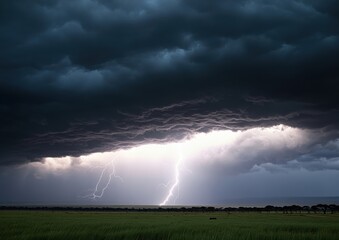 Obraz premium Intense Thunderstorm Over Open Field Captured with Striking Lightning Bolt Under Dark, Ominous Clouds in Dramatic Natural Landscape