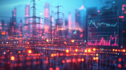 Obraz premium Urban Energy Grid with Data Visualization at Night