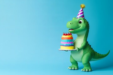 A cute green cartoon dinosaur wearing a birthday hat holds a rainbow cake against a blue background.