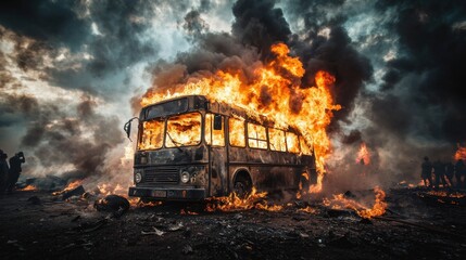 Raging Inferno: A Fiery Bus Wreck Beneath Dark Skies as Firefighters Battle Destruction
