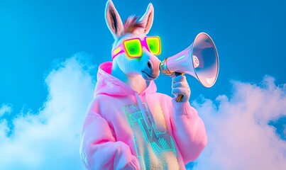 A donkey wearing a pink hoodie, sunglasses, and holding a megaphone against a blue sky with clouds.