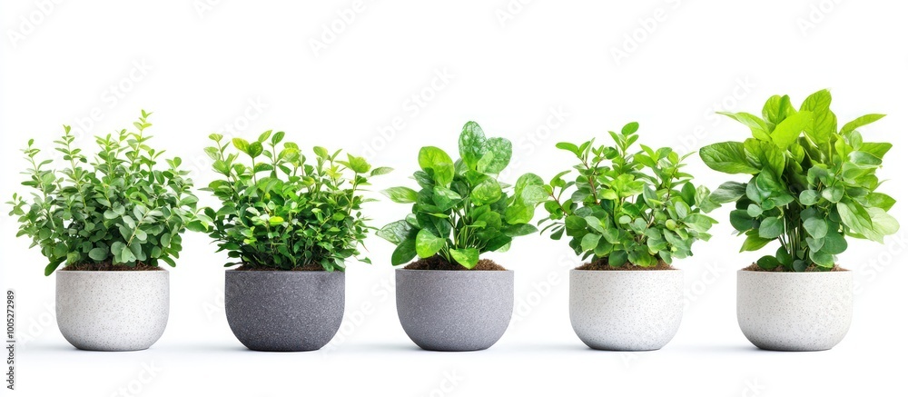 Sticker Six potted plants with green leaves in various shades of grey pots isolated on white background.