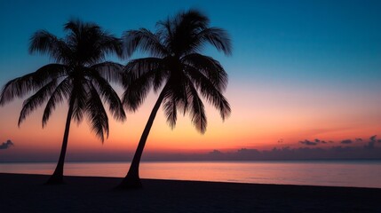 Naklejka premium Silhouette of two palm trees on a beach at sunset with a colorful sky.