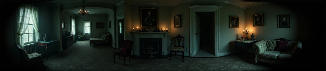 Fototapeta premium 360 degree spooky Halloween haunted house, with cobweb-covered furniture. HDRI spherical panorama.