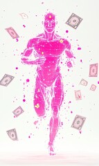 A pink, translucent silhouette of a running man with money falling around him.