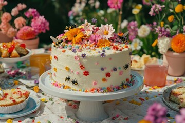 White Cake with Floral Decorations and Bees on a Stand