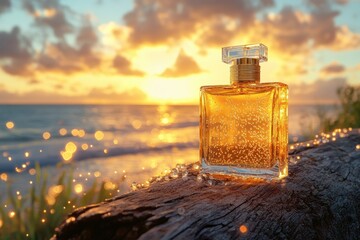 A golden transparent perfume bottle with drops on a log. Close-up. In the background, the ocean and cloudy sunset sky. Bottom view. Concept of International Fragrance Day. with generative ai