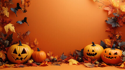 Minimalist Halloween Decorations with Pumpkins on an Orange Background, Featuring a Large Blank Space in the Center for Text or Graphics