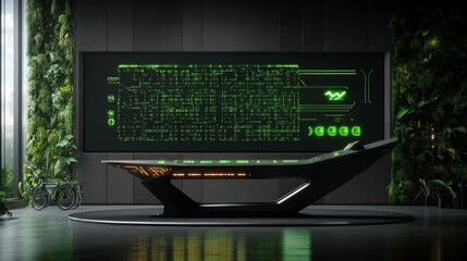 A modern conference room with a large screen presenting a strategic cybersecurity plan for a future transportation network featuring human-powered bikes, while digital blueprints and green circuit