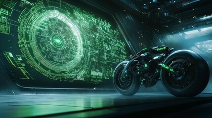 A modern conference room with a large screen presenting a strategic cybersecurity plan for a future transportation network featuring human-powered bikes, while digital blueprints and green circuit